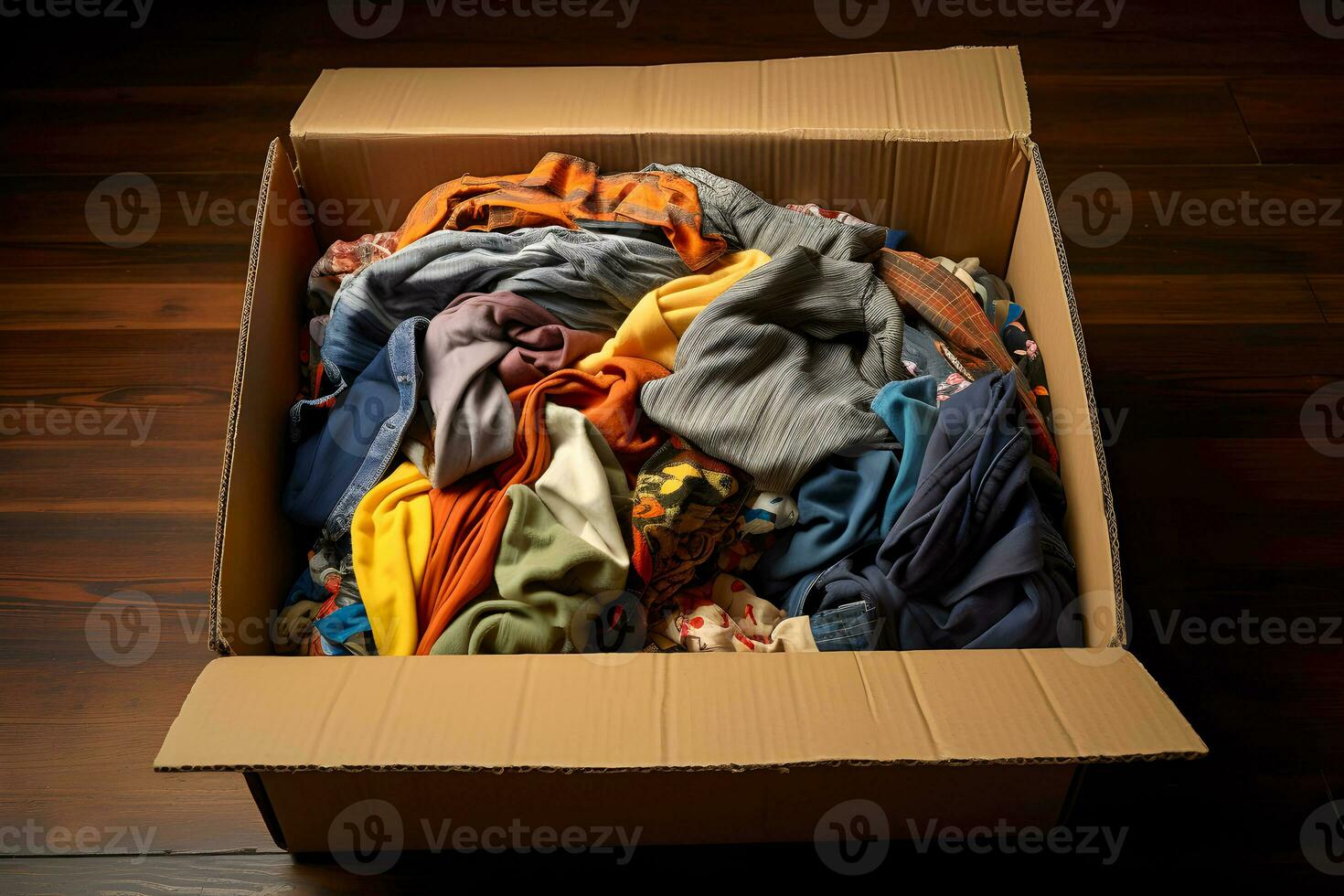 AI generated Box of clothes for recycling. Fast fashion concept. AI generated. photo