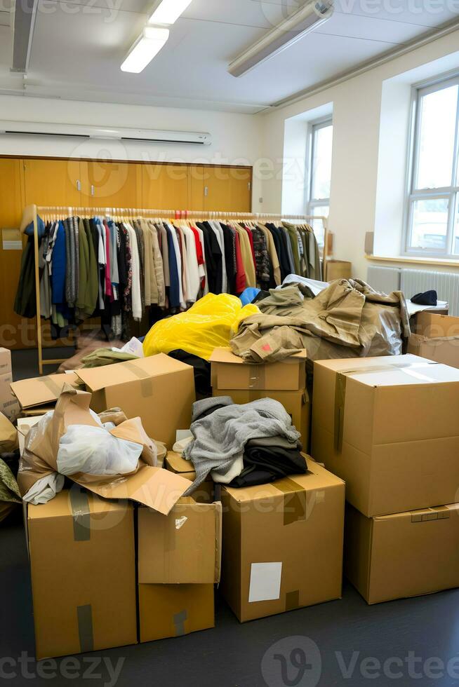 AI generated Boxes of clothes for recycling. Fast fashion concept. AI generated. photo