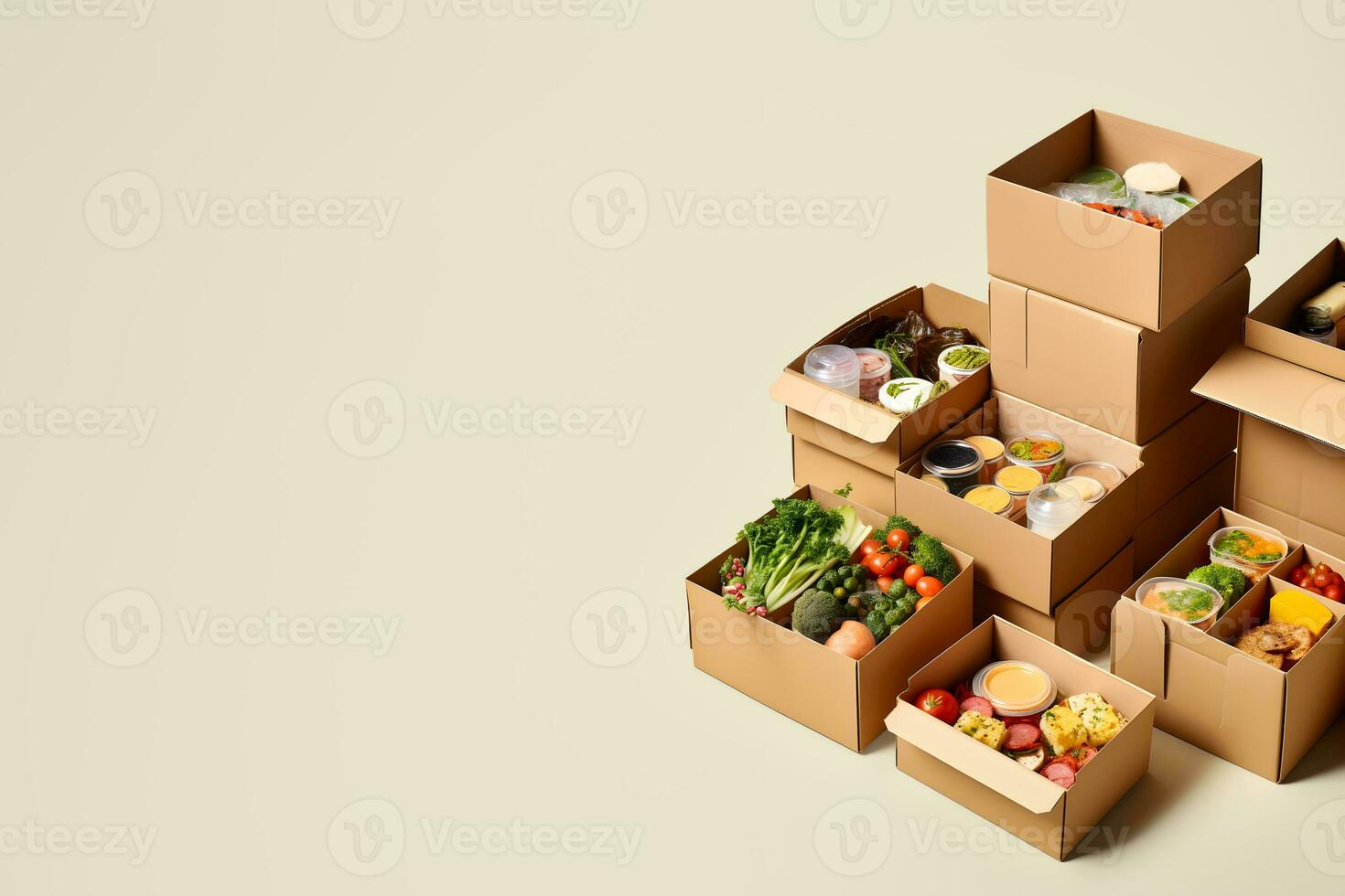 AI generated Food drive concept. Groceries in boxes for donation. AI generated photo