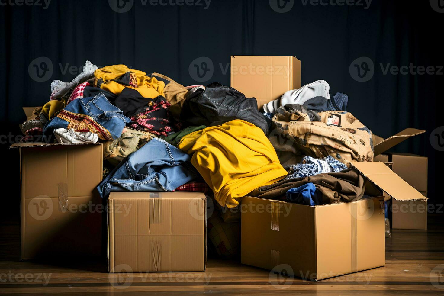 AI generated Boxes of clothes for recycling. Fast fashion concept. AI generated. photo