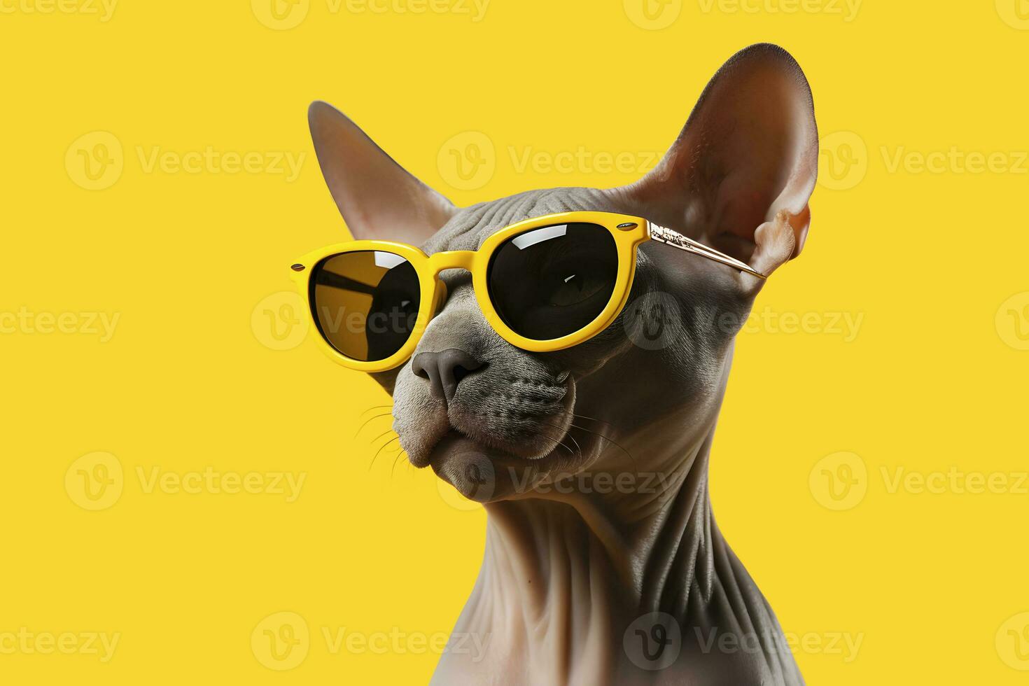 AI generated Stylish bald sphynx cat in sunglasses on yellow background. AI generated photo