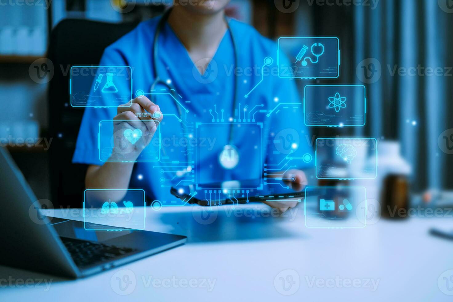 Medical technology, doctor use AI robots for diagnosis and increasing accuracy patient treatment in future. doctor hand working with tablet, computer with his Medical research photo