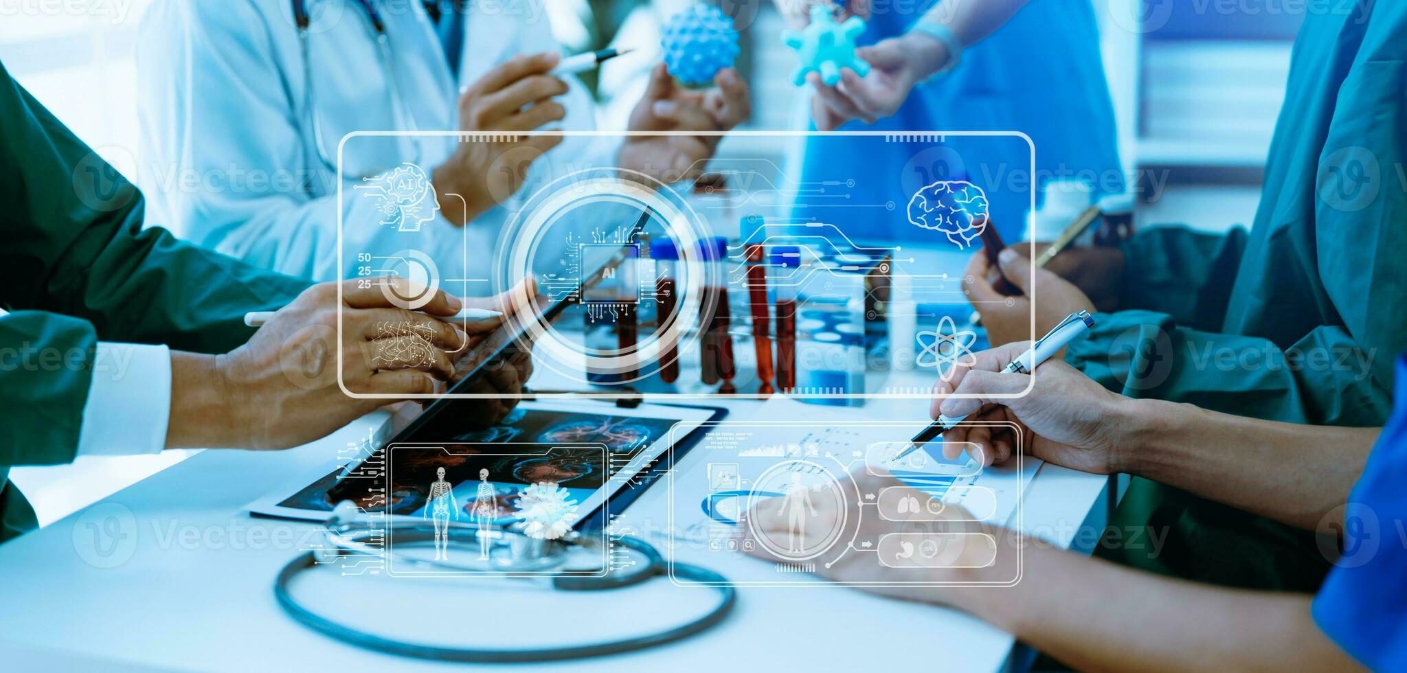 Medical technology, doctor use AI robots for diagnosis and increasing accuracy patient treatment in future. doctor hand working with tablet, computer with his team Medical research photo