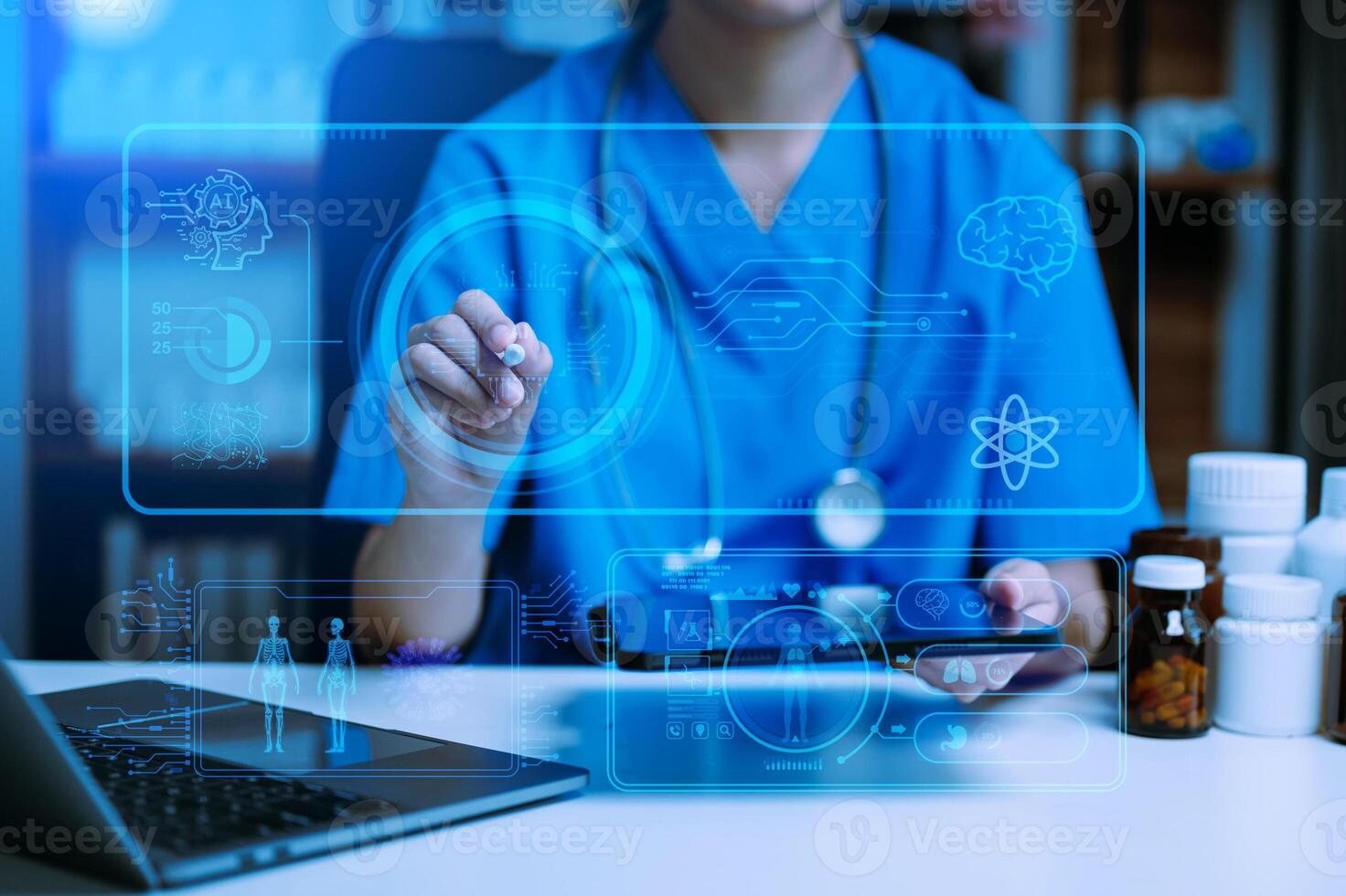 Medical technology, doctor use AI robots for diagnosis and increasing accuracy patient treatment in future. doctor hand working with tablet, computer with his Medical research photo