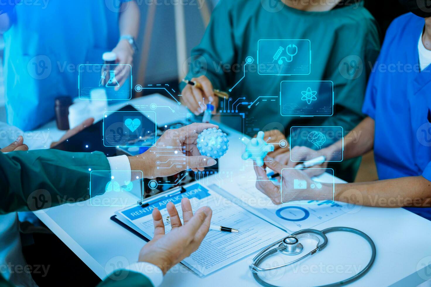 Medical technology, doctor use AI robots for diagnosis and increasing accuracy patient treatment in future. doctor hand working with tablet, computer with his team Medical research to improve patient photo