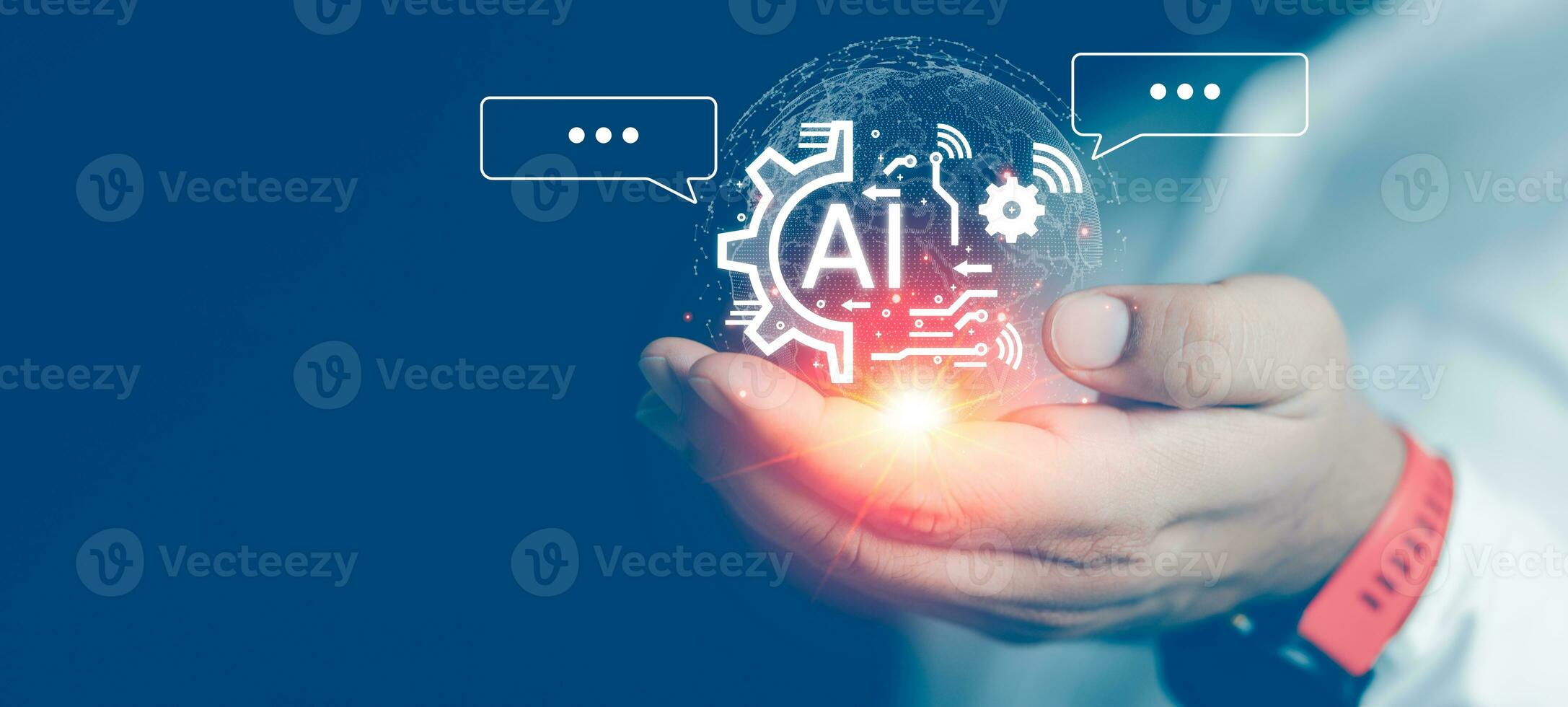 Businessman hand showing artificial intelligence on virtual screen. Manage big data future innovation. photo