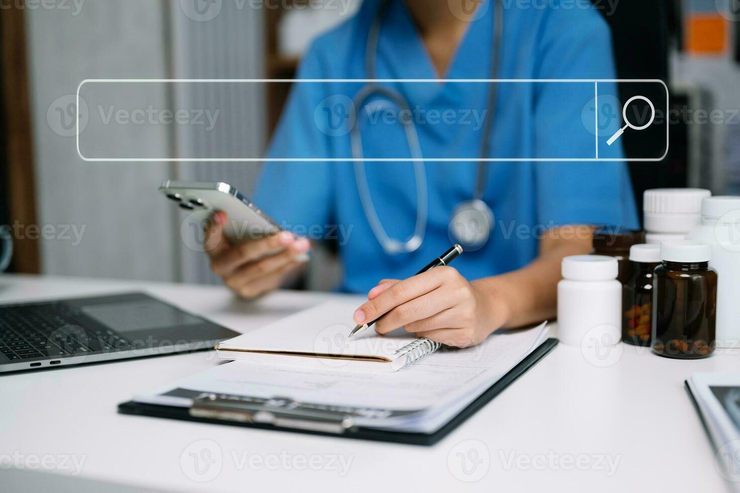 Search bar of internet browser and doctor working on modern laptop at table. business web bar banner, business and technology photo