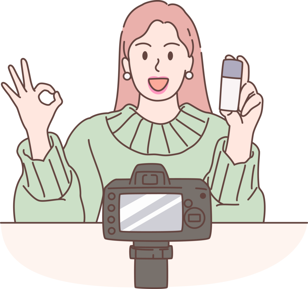 illustrazione di bellezza blogger registrazione trucco lezione video per video blog nel sociale media. personaggi mano disegnato stile. png