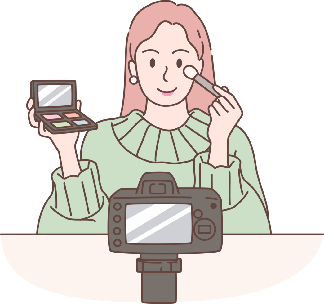 illustration av skönhet bloggare inspelning smink handledning video för vlog i social media. tecken hand dragen stil. png