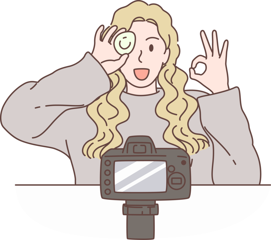 illustration de beauté blogueur enregistrement maquillage Didacticiel vidéo pour vlog dans social médias. personnages main tiré style. png