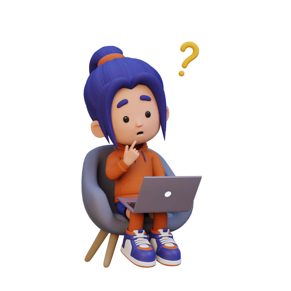 3D cute girl character confused on a laptop png