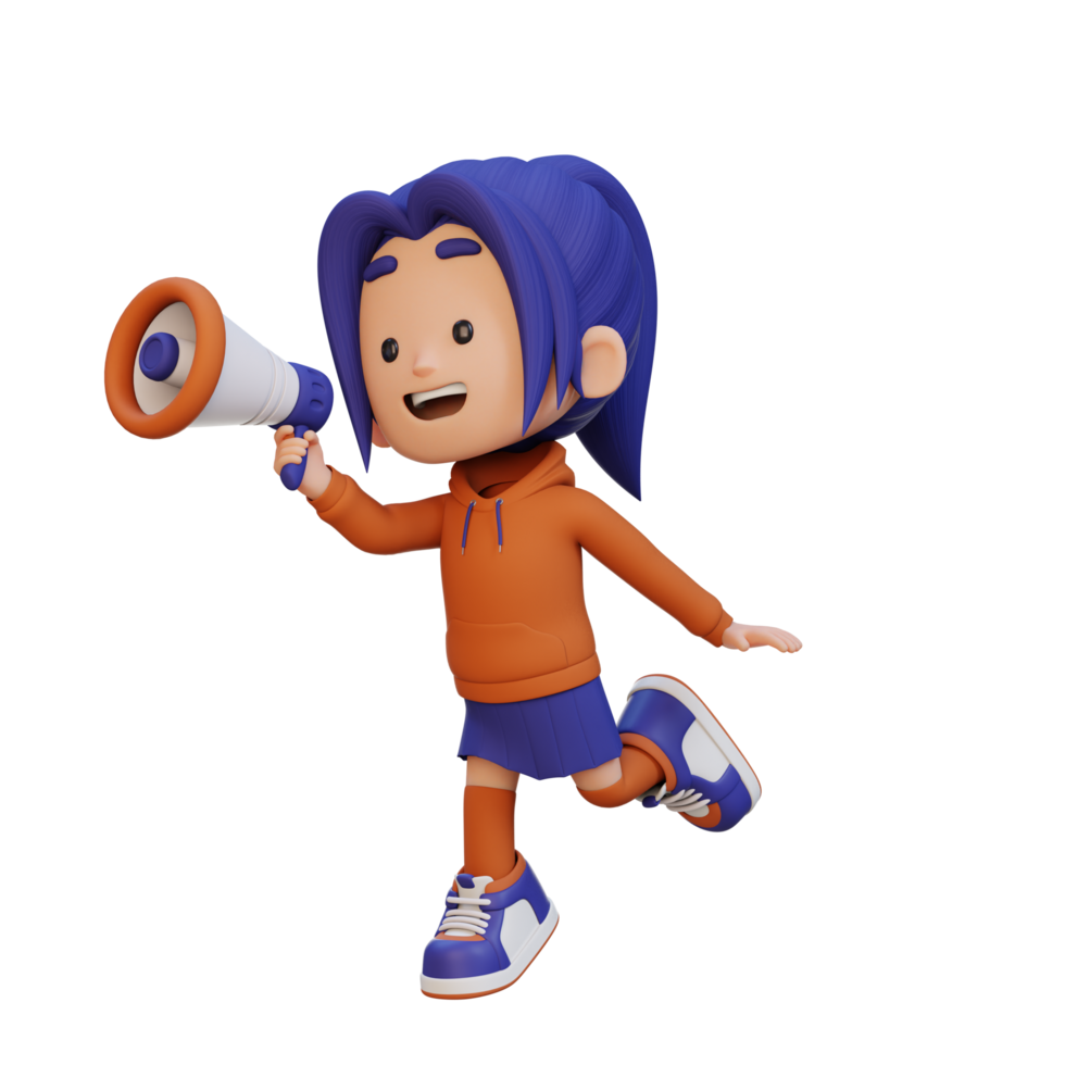 3D cute girl Character jumping and talking on Megaphone png