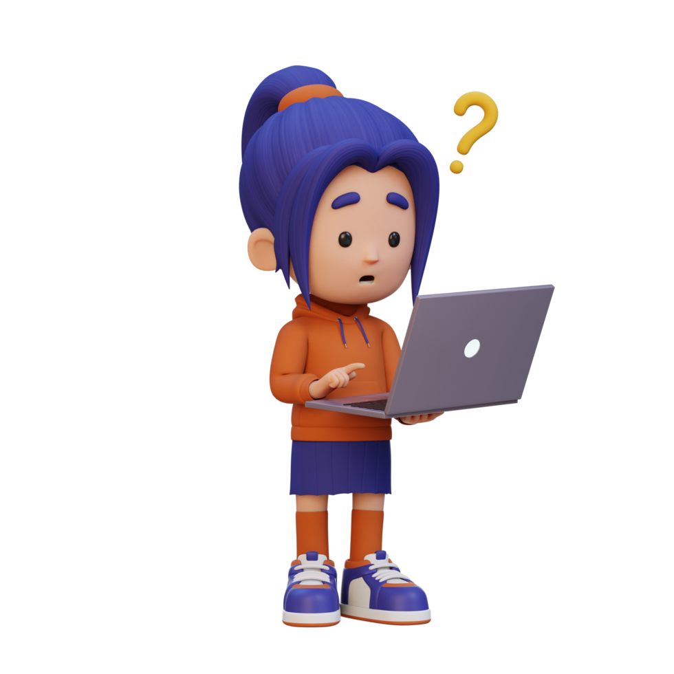 3D cute girl character confused on a laptop png