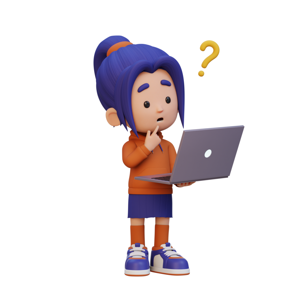 3D cute girl character confused on a laptop png