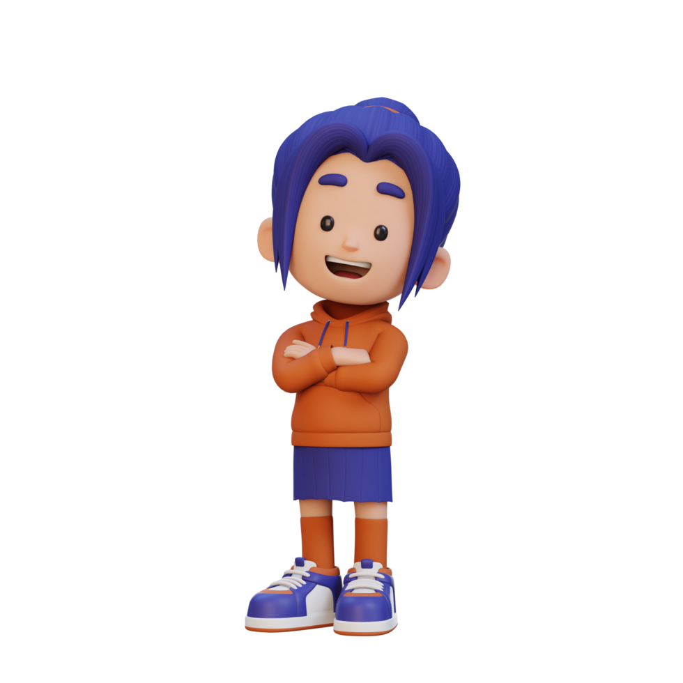 3D cute girl character in confident pose crossed hand png
