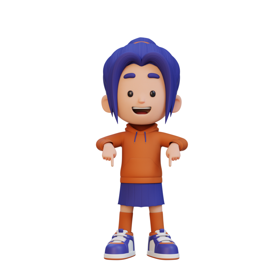 3D cute girl pointing hand to bottom png