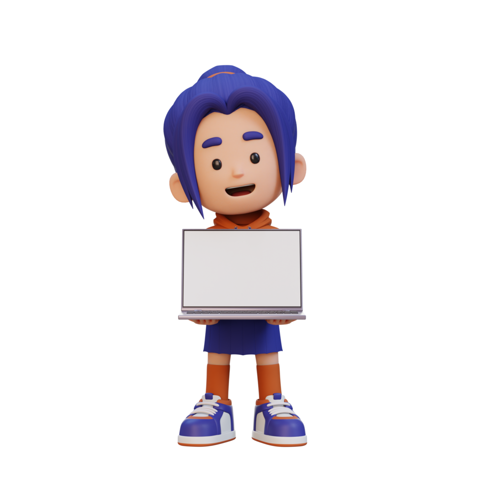 3D girl Character Holding and Presenting to a Laptop with Empty Screen png