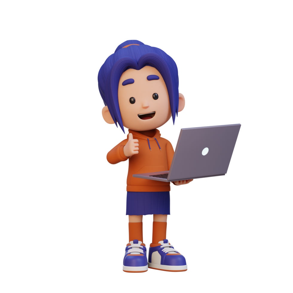 3D cute girl character give a thumb up while holding a laptop png