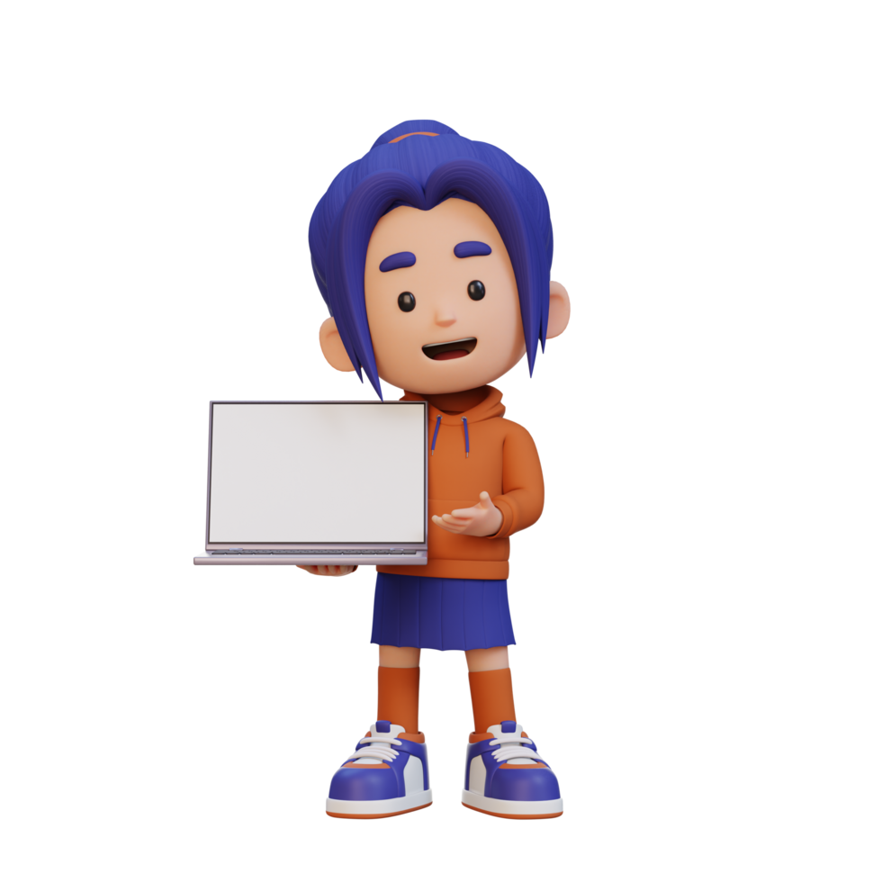 3D girl Character Holding and Presenting to a Laptop with Empty Screen png
