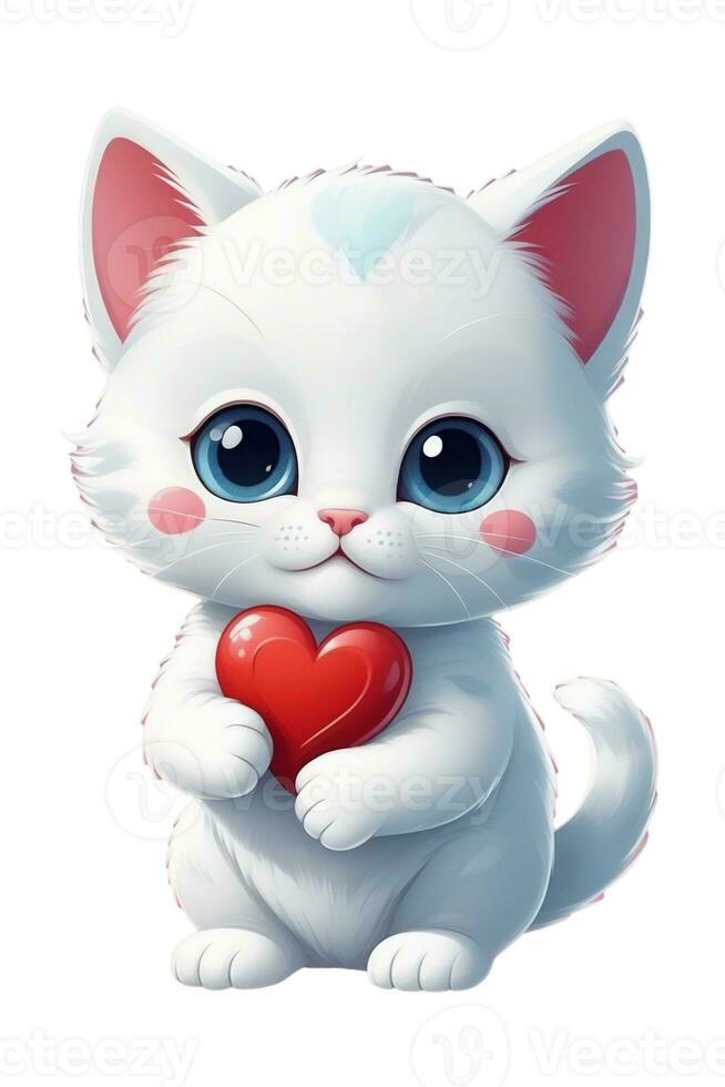 AI generated little white kitten with a big red heart graphics for Valentines Day photo