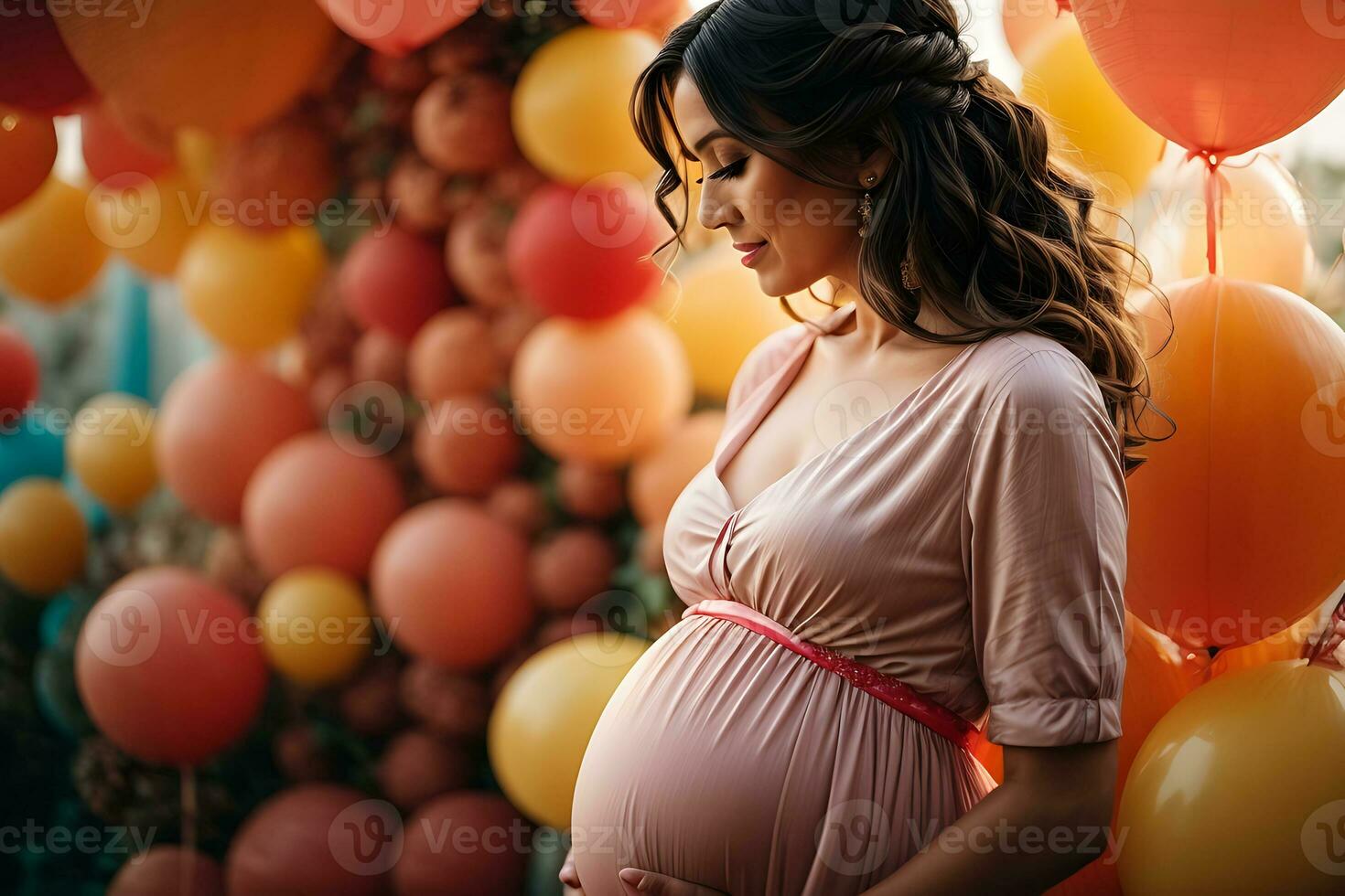 AI generated Beautiful pregnant woman with brown long hair hugs her tummy photo