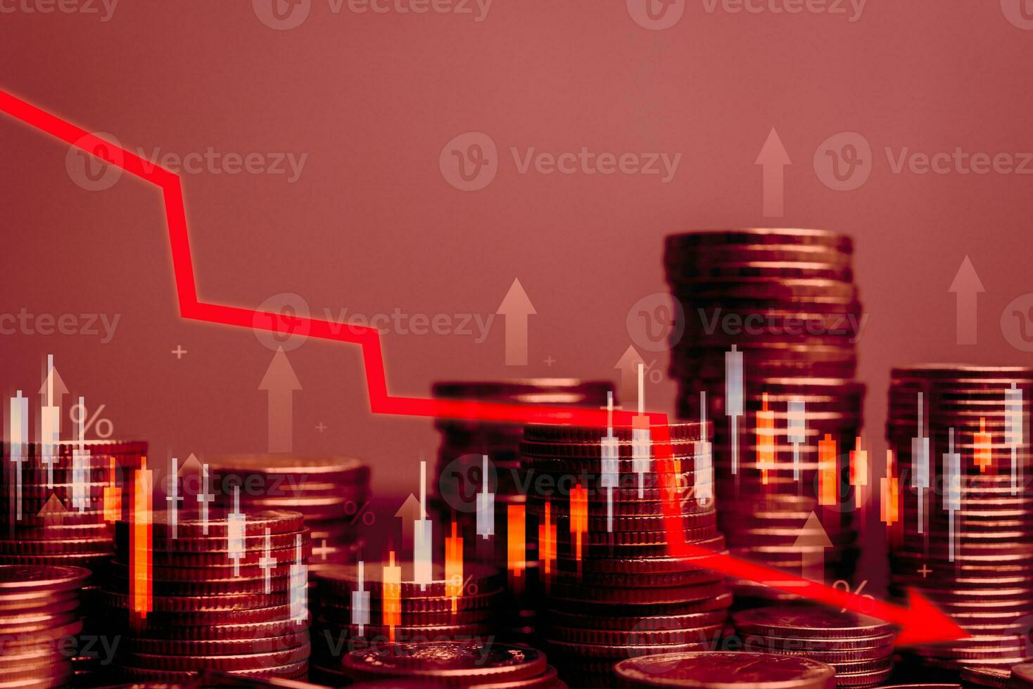 Economic index stock market and fund price graph change fall and finance and banking inflation values. Coins stack and red arrow business concept photo