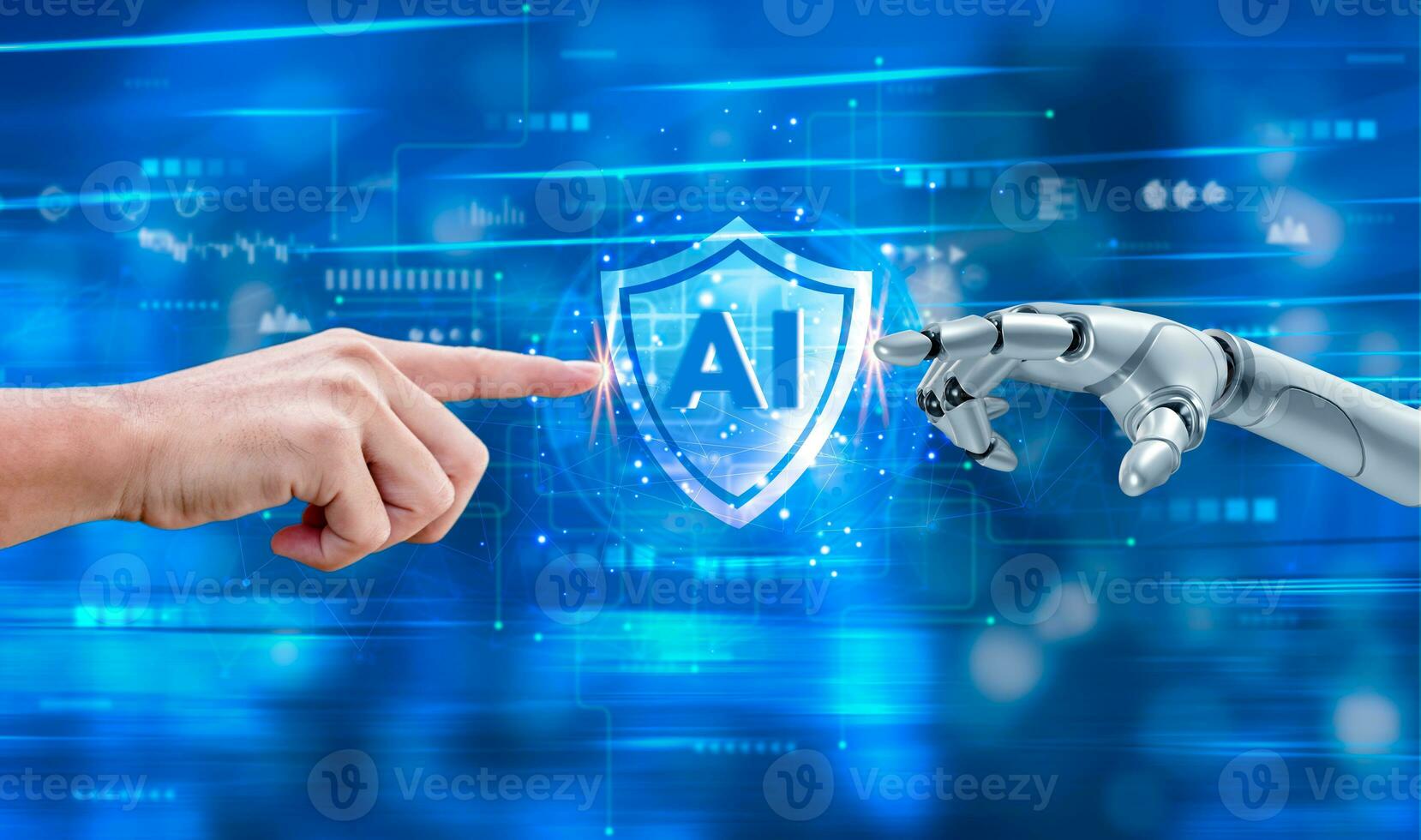 Futuristic Collaboration Human and Robot Hands Touching AI artificial intelligence Technological machine Innovation global network data photo