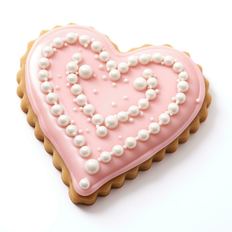 ai generado corazón conformado Galleta con rosado Formación de hielo y comestible perlas en blanco antecedentes para san valentin día tema foto