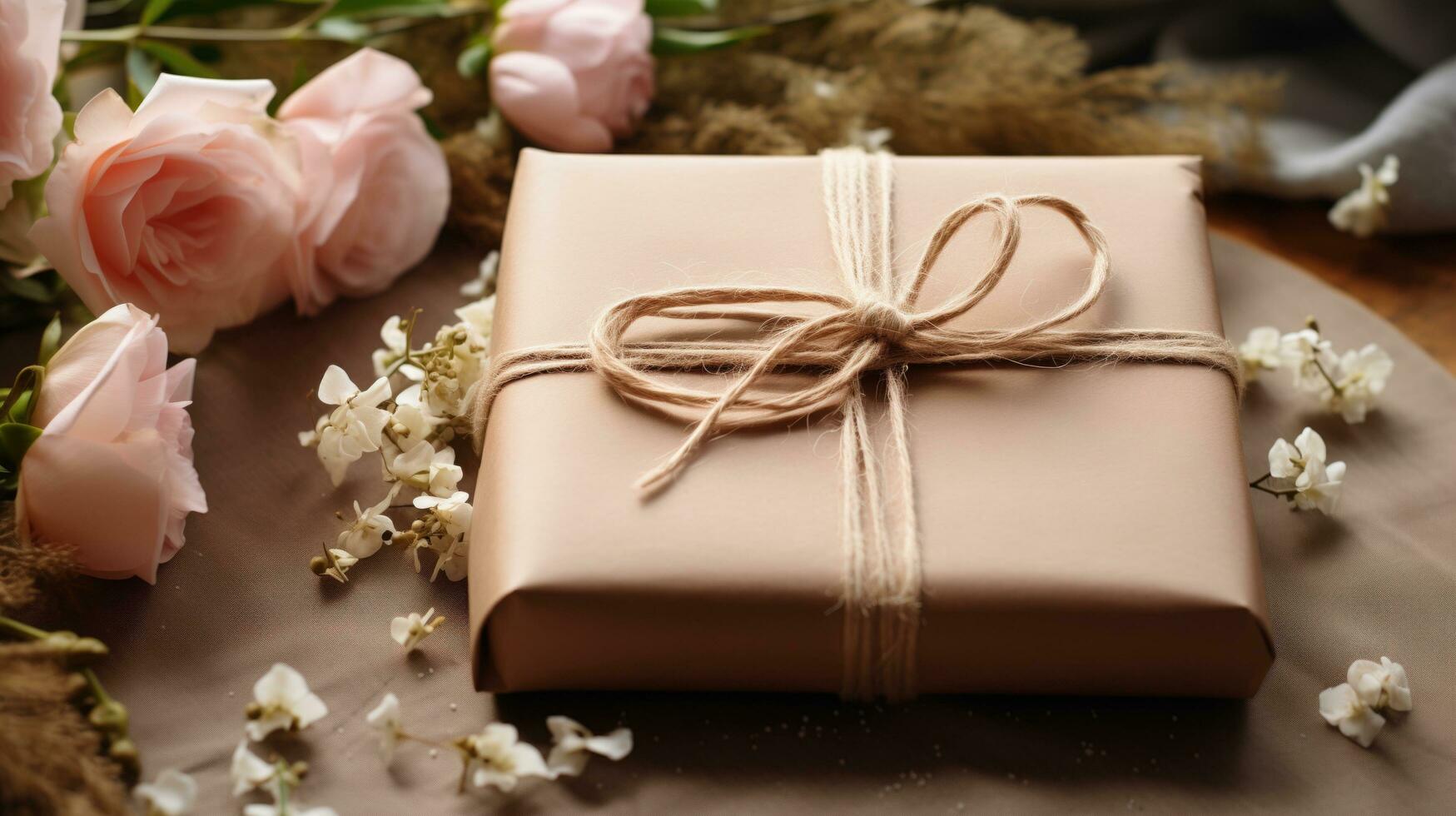 AI generated Eco Conscious Valentines Day Gift Wrap Featuring Brown Kraft Paper, Natural Twine, and Foliage Accents Against a Backdrop of Millennial Pink and Serene Blue, with Space for Text photo