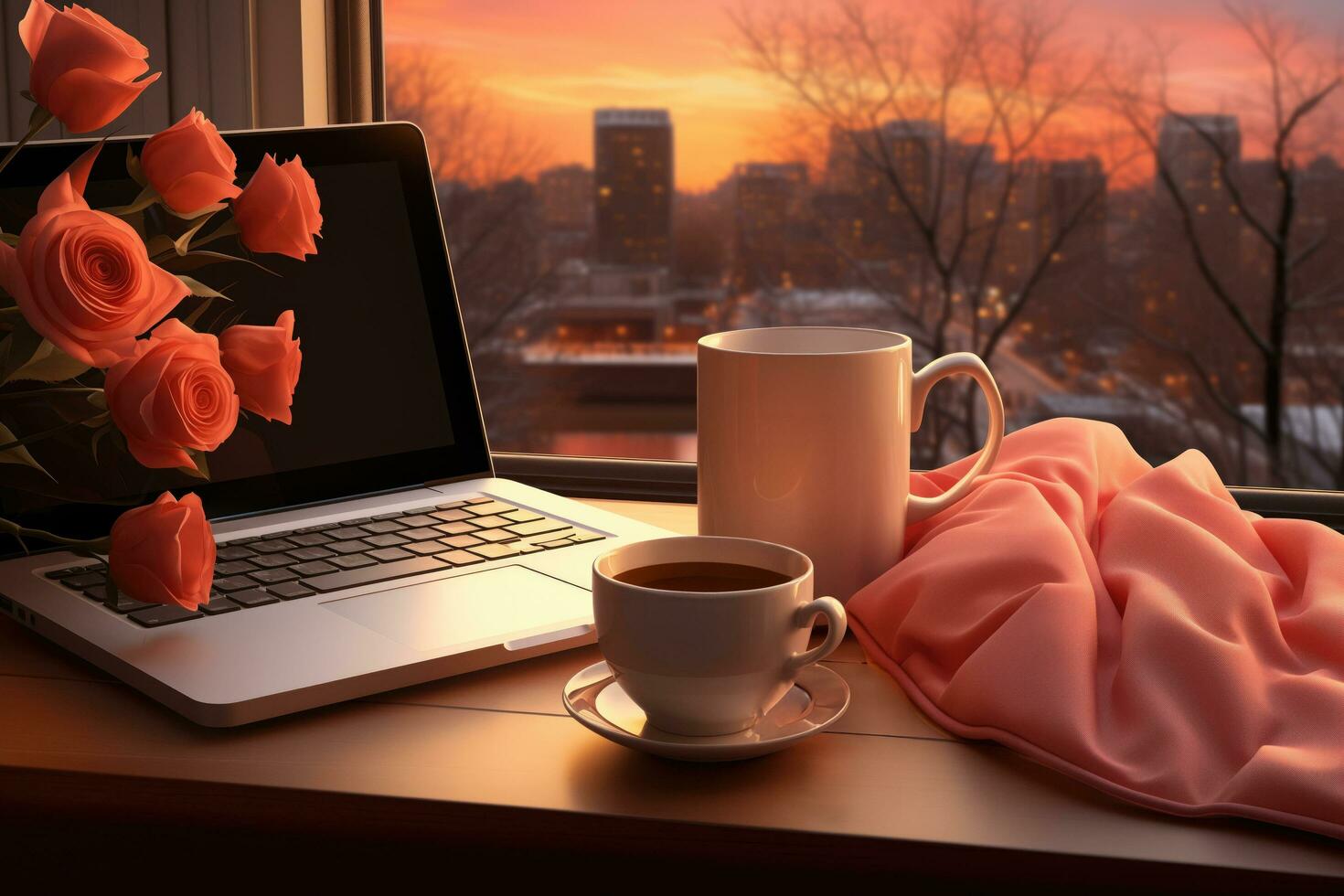 AI generated A Minimalist Virtual Valentines Date Setup with a Laptop in Sunset Orange and Charcoal Grey Tones photo