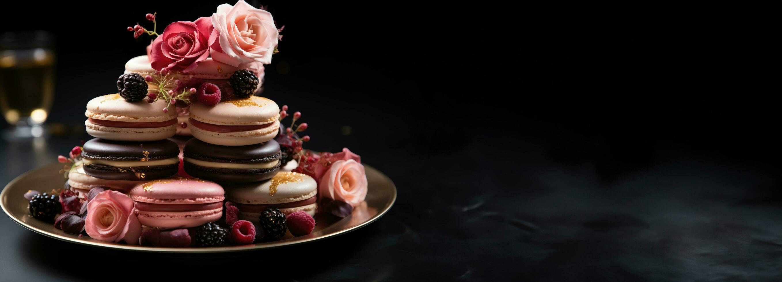 ai generado comestible flor coronado san valentin macaron pirámide en brillante negro superficie exhibiendo champán rosado y chorro negro colores foto