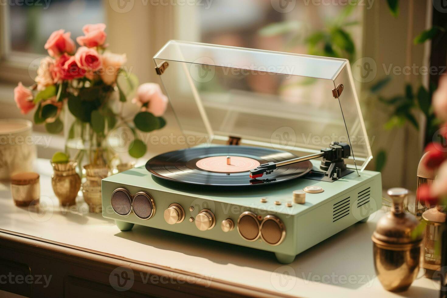 AI generated A Valentines Themed Vintage Vinyl Listening Event with Classic Headphones on a Terrazzo Surface Amidst a Palette of Dusty Pink and Sage Green photo
