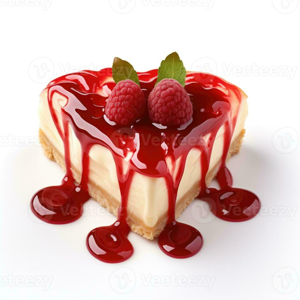 AI generated Heart Shaped Raspberry Sauce Swirl on Cheesecake Slice for Valentines Day Isolated on White Background photo