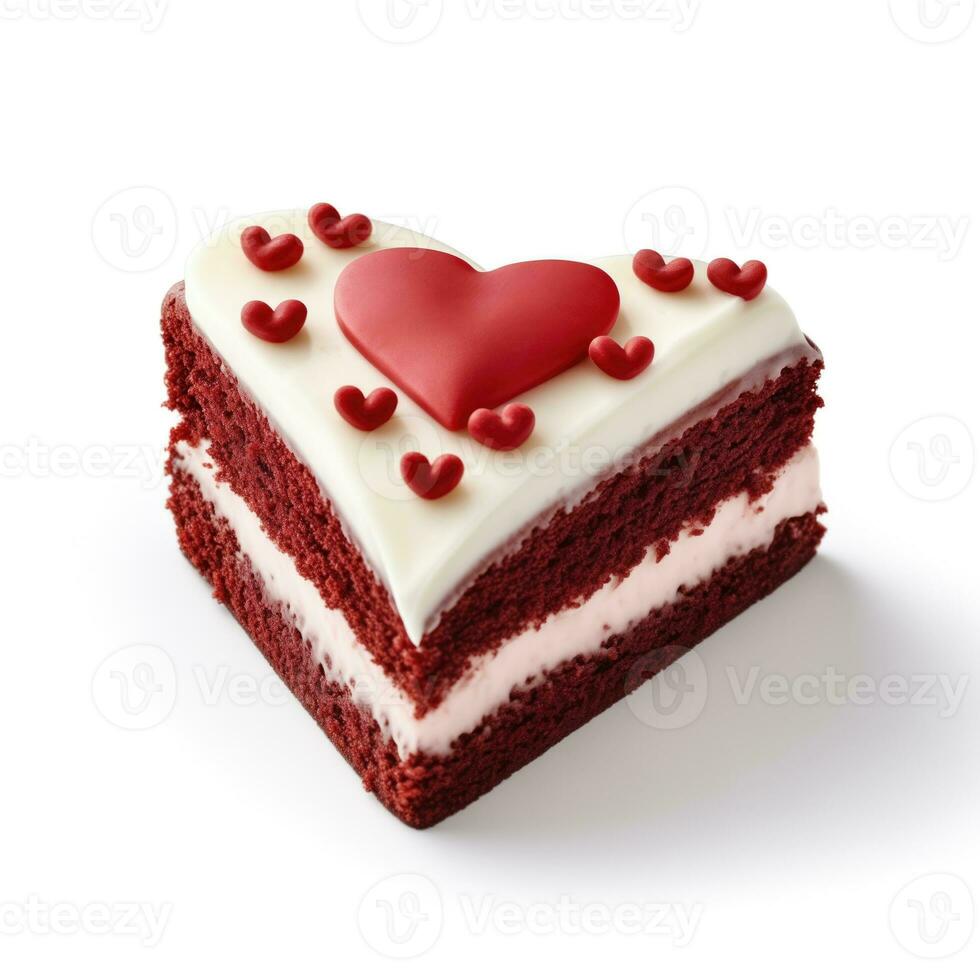 AI generated Red Velvet Cake Slice with Cream Cheese Frosting and Chocolate Heart Decoration on White Background for Valentines Day photo