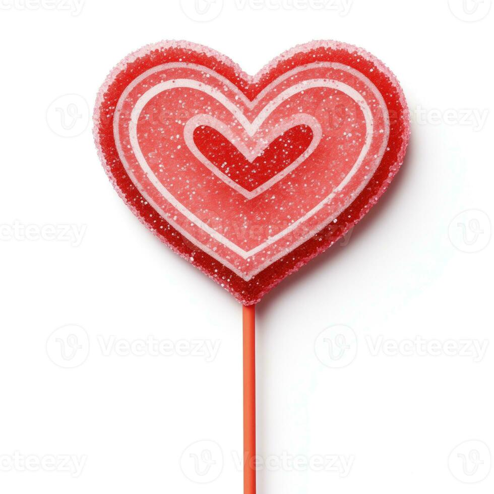 AI generated Sparkling sugar crystal encrusted candy cane heart lollipop on a white background for St Valentines Day concept photo