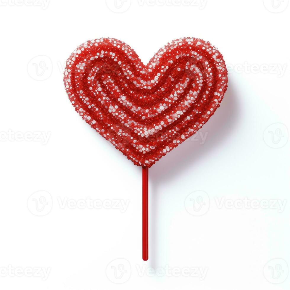 AI generated Sparkling Sugar Crusted Candy Cane Heart Lollipop Isolated on White, Valentines Day Concept photo