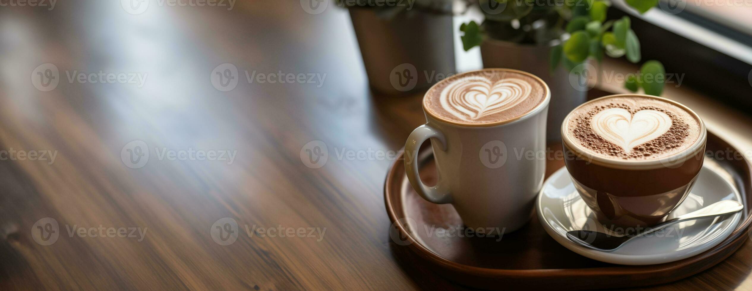 AI generated Valentines Day Coffee Shop Date Featuring Heart Shaped Latte Art on Reclaimed Wooden Tables with Terra Cotta and Creamy Espresso Colors photo