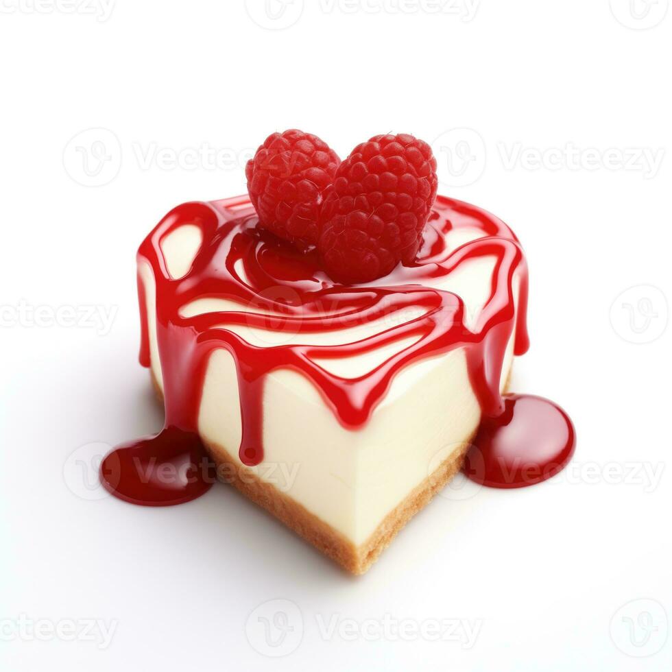 AI generated Heart Shaped Raspberry Sauce Swirl on Cheesecake Slice for Valentines Day, Isolated on White Background photo