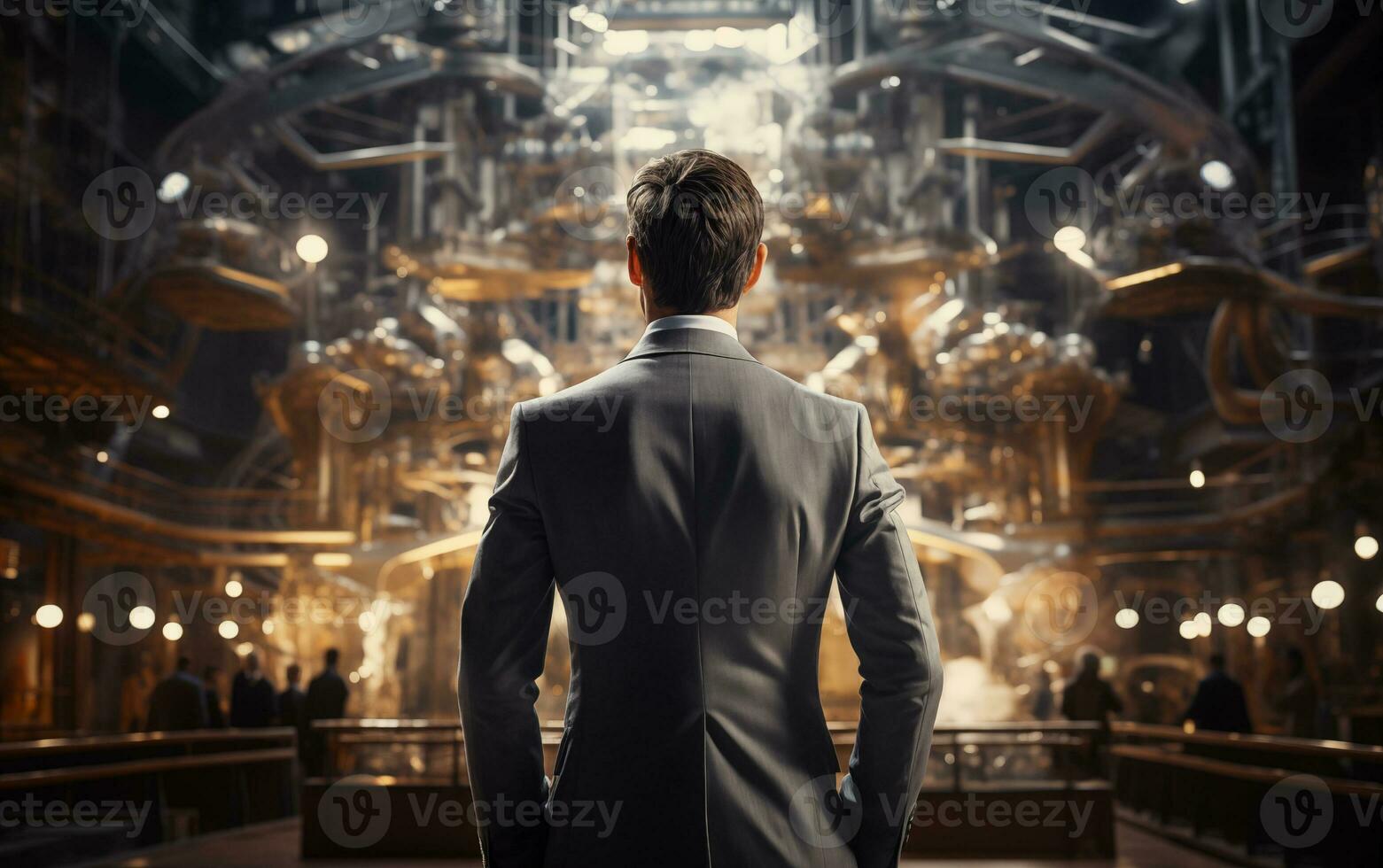 AI generated A businessman from the back against a different background of a restaurant, room, landscape photo