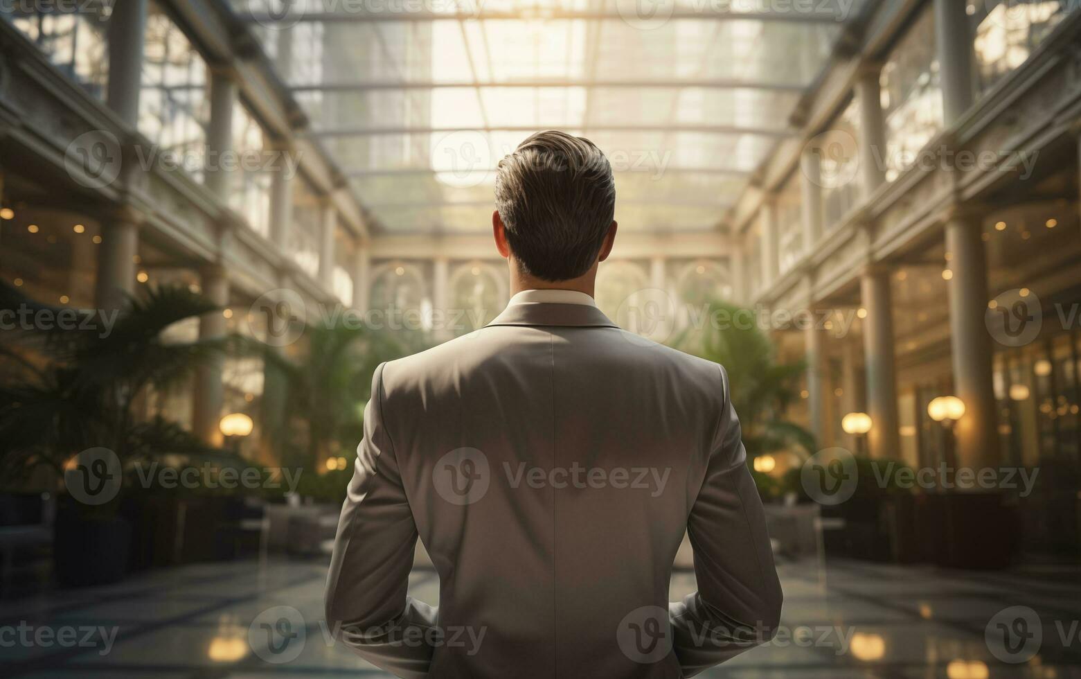 AI generated A businessman from the back against a different background of a restaurant, room, landscape photo