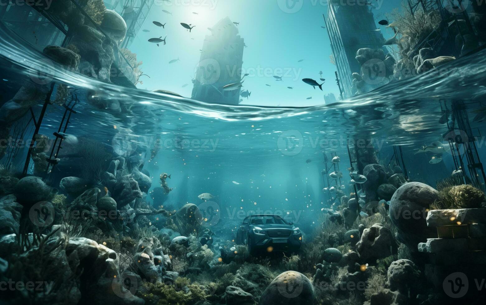 AI generated Water pollution, garbage underwater, sunken ship photo