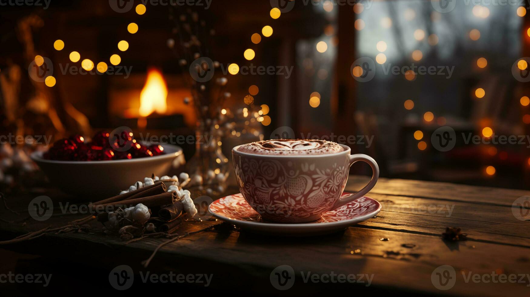 ai generado taza de caliente chocolate con canela palos en un de madera mesa foto