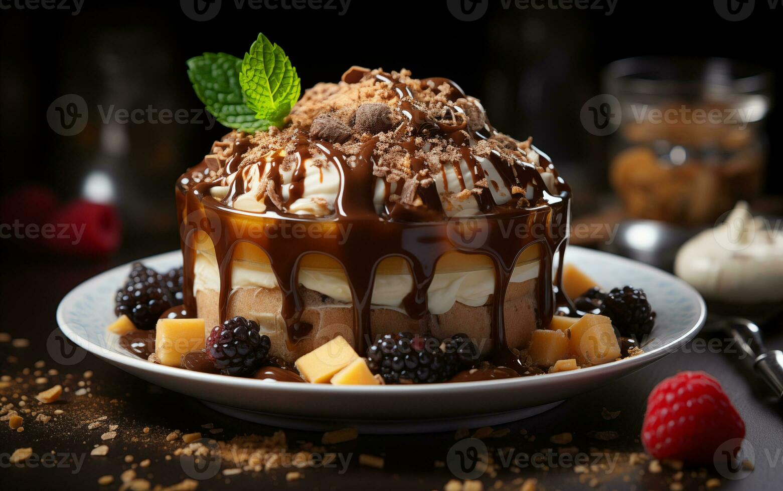 AI generated Chocolate pudding with banana on dark background photo