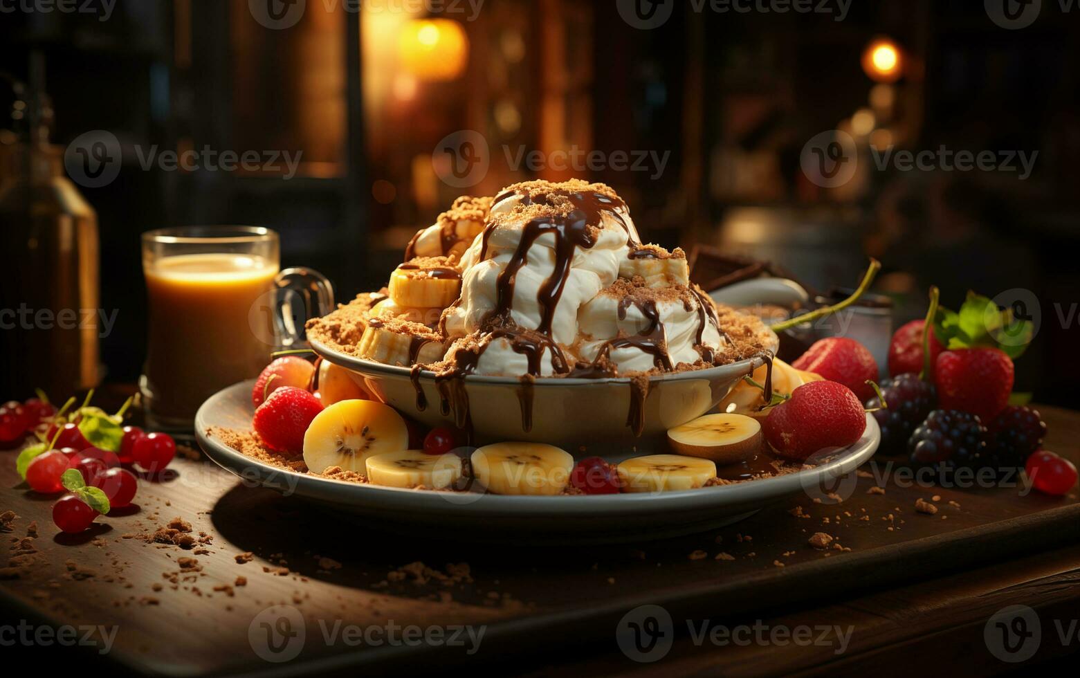 ai generado chocolate pudín con plátano en oscuro antecedentes foto