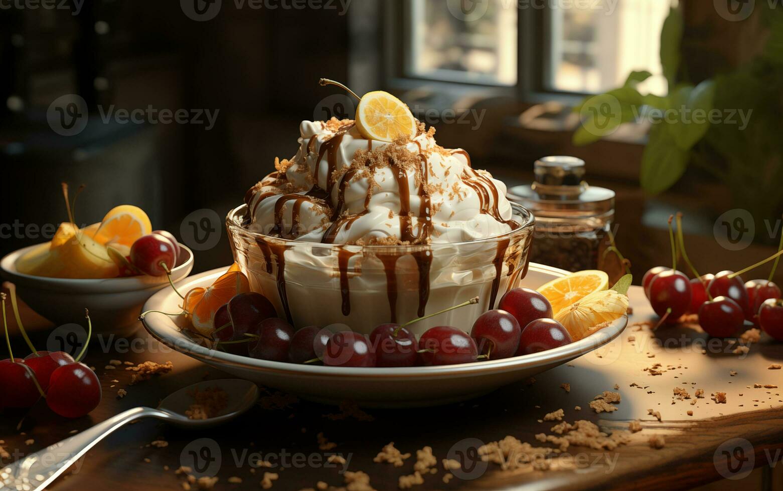 AI generated Chocolate pudding with banana on dark background photo