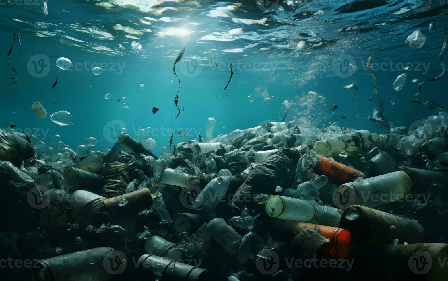 AI generated Water pollution, garbage underwater, sunken ship photo