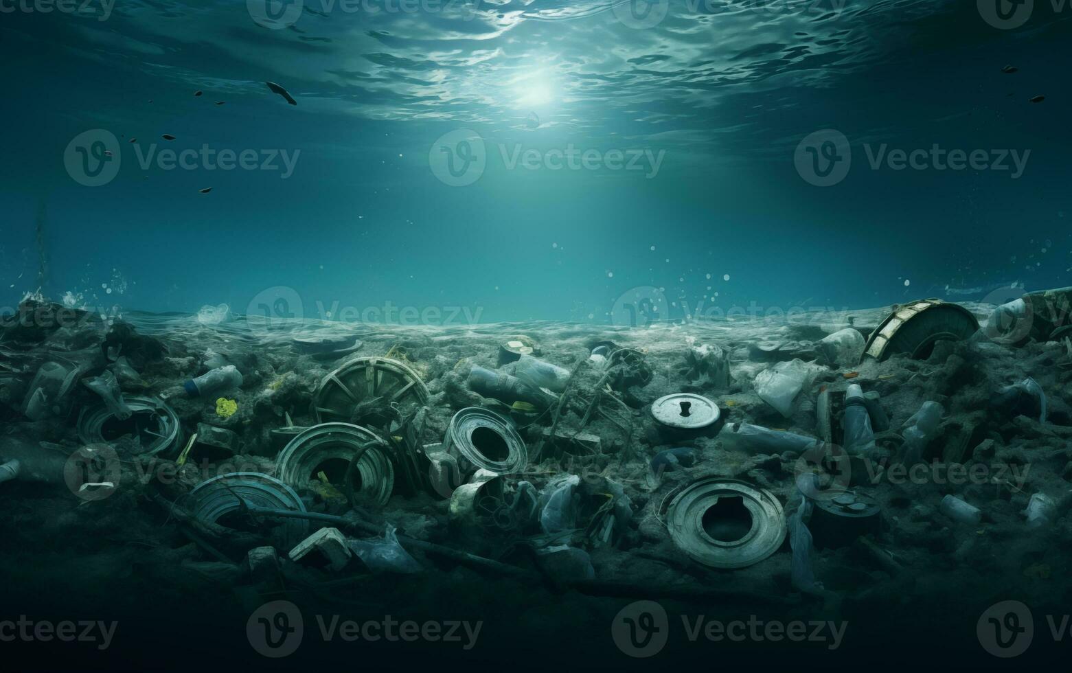 AI generated Water pollution, garbage underwater, sunken ship photo
