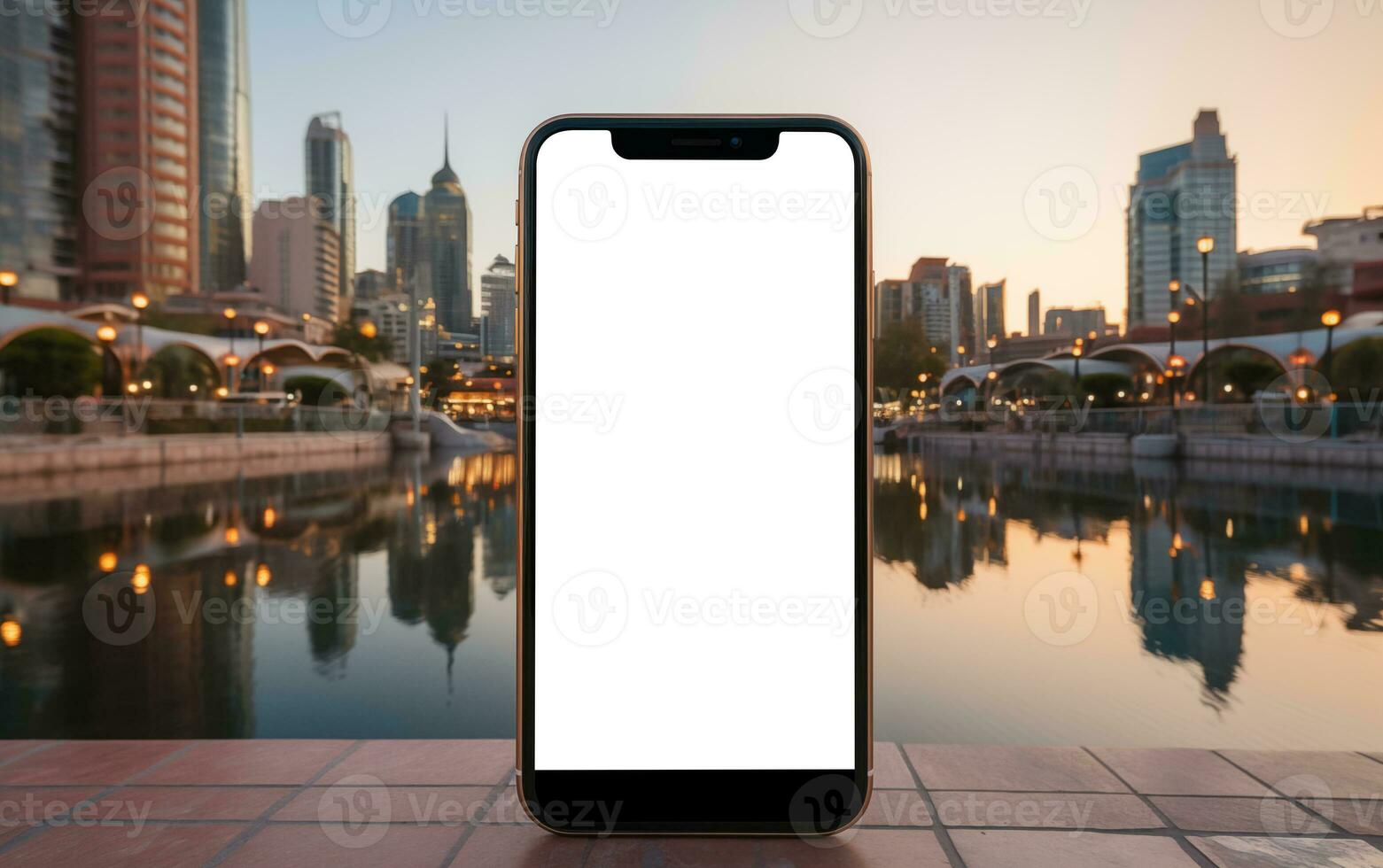 AI generated Smartphone Mockup on the background of the city and street photo