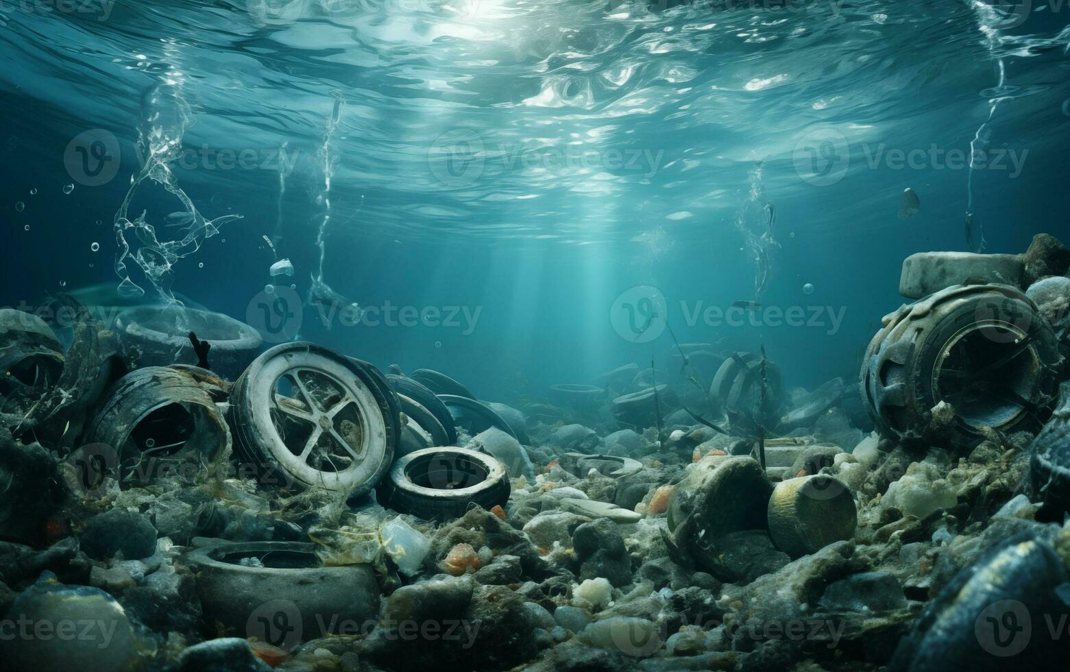 AI generated Water pollution, garbage underwater, sunken ship photo