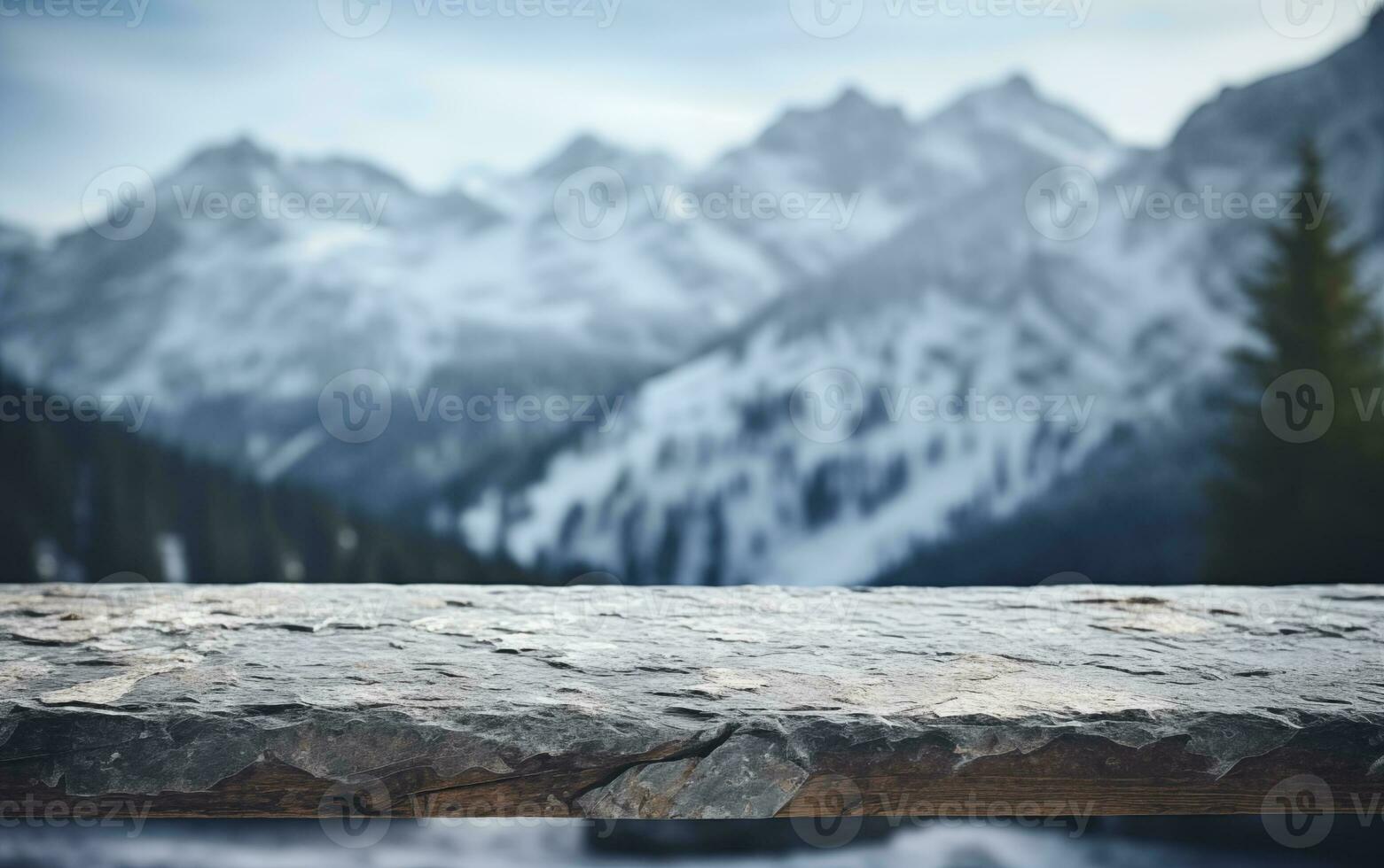 AI generated Empty wooden table top New Year's elegant Christmas tree blue background photo